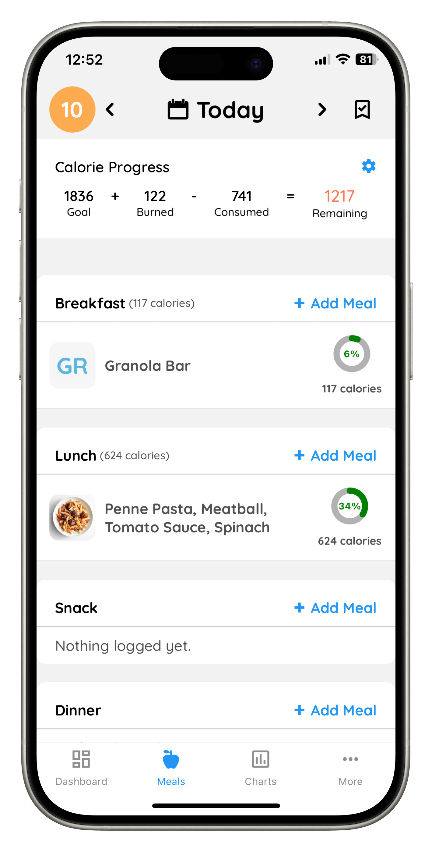 Screenshot of SnapCalorie's dashboard for tracking meals logged and calories remaining for the day.